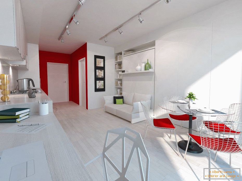 Interior branco de um pequeno apartamento com detalhes em vermelho