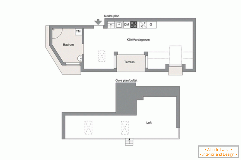 Apartamento de um quarto em dois níveis com uma loggia