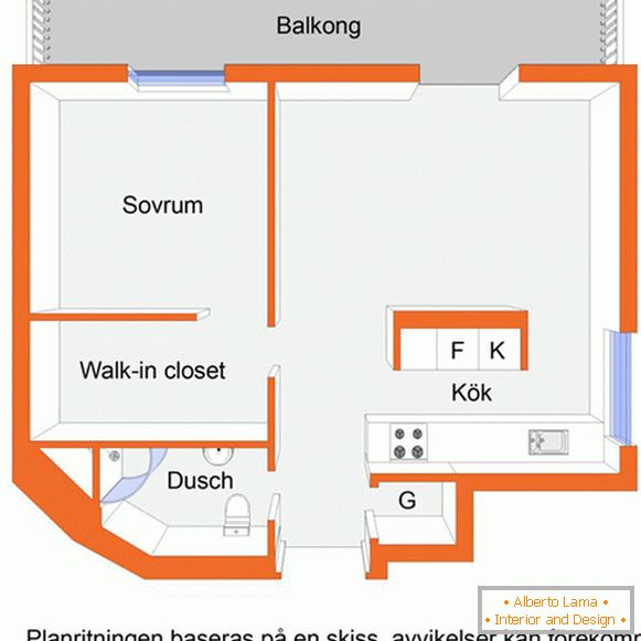 O layout de um pequeno apartamento de um quarto