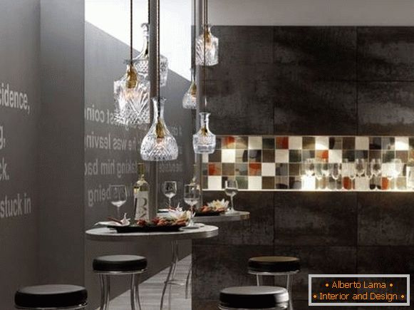 Design de lâmpadas de cristal no estilo loft - fotos na cozinha
