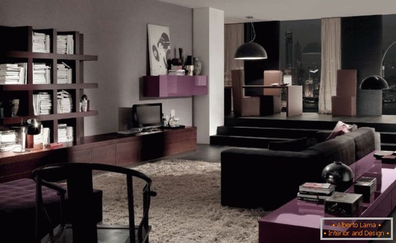 sala-fascinante-retrato-de-moderno-roxo-marrom-e-preto-sala de estar-decoração-usando-grande-cúpula-preto-sala de estar pendente-lâmpada-sombra-incluindo-preto-veludo sala-sofá-e-quadrado-branco-i