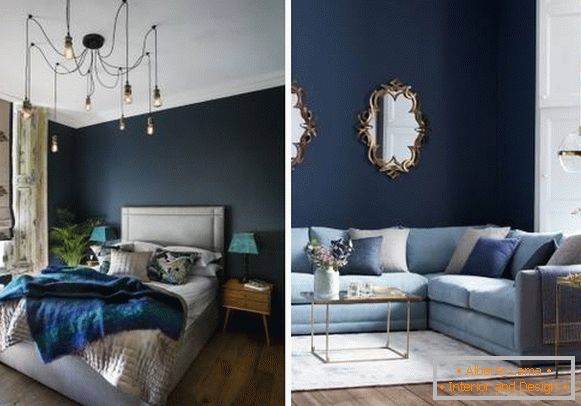 Papel de parede azul escuro e piso de madeira