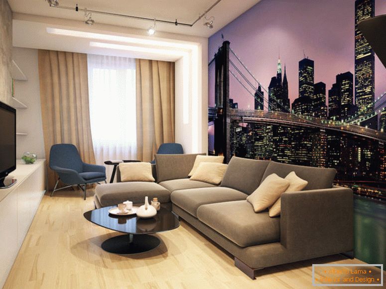 Papéis de parede de fotos com uma visão da cidade da noite no interior da sala de estar