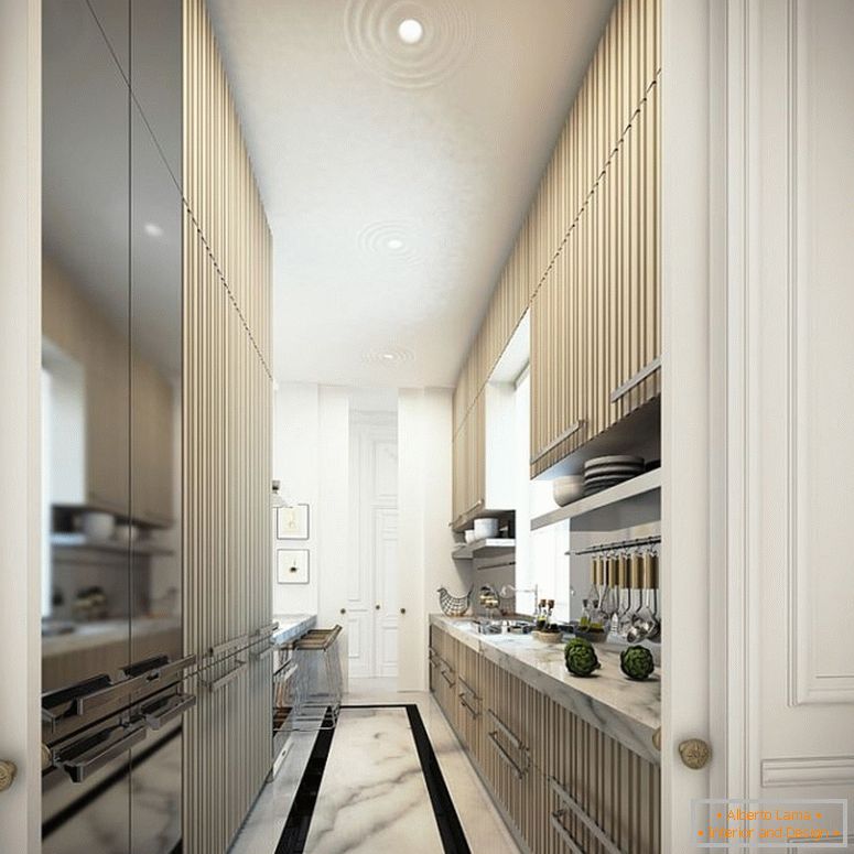 cozinha estreita e comprida, que é ao mesmo tempo estilosa e ergonômica