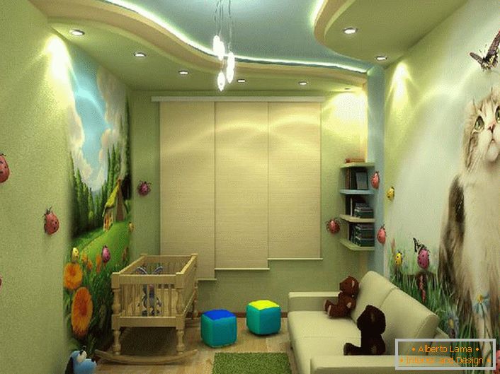 Design brilhante de um quarto de crianças com desenhos coloridos como um menino e uma menina. 
