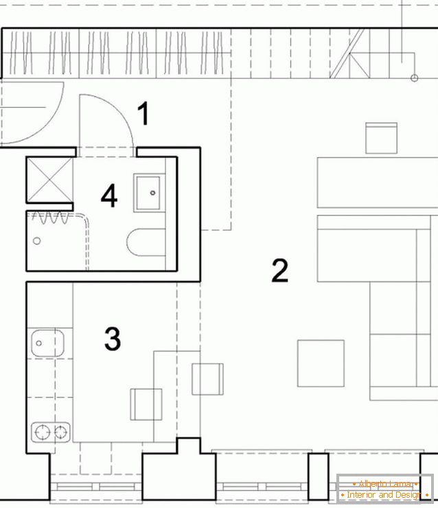 O layout do primeiro nível de um apartamento de dois andares na Polônia