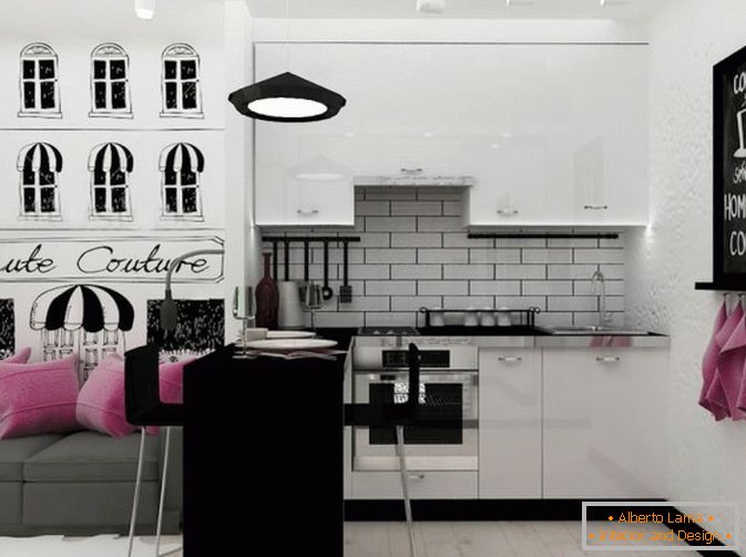 Área de cozinha em preto e branco
