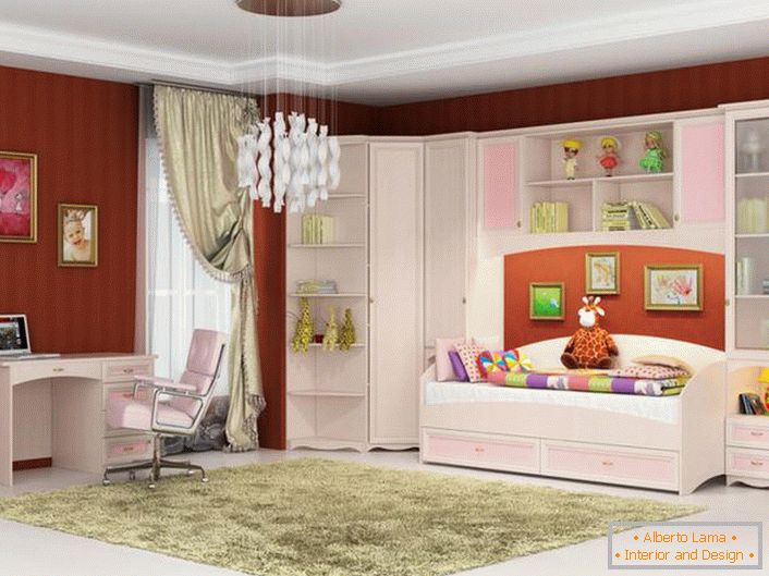 Um quarto elegante para uma jovem fashionista. Mobiliário modular para crianças é feito na cor rosa e branca - o que você precisa para uma menina.