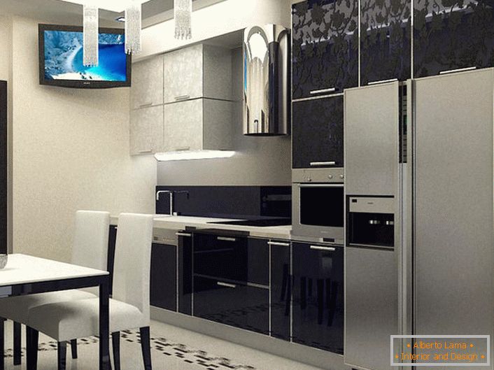 A cozinha elegante é projetada de acordo com os requisitos de estilo minimalista. 