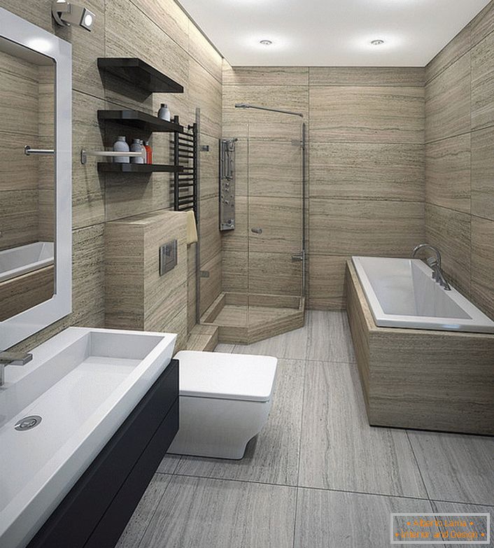 Uma espaçosa casa de banho minimalista é adequada para os amantes do banho e para aqueles que preferem tomar banho.