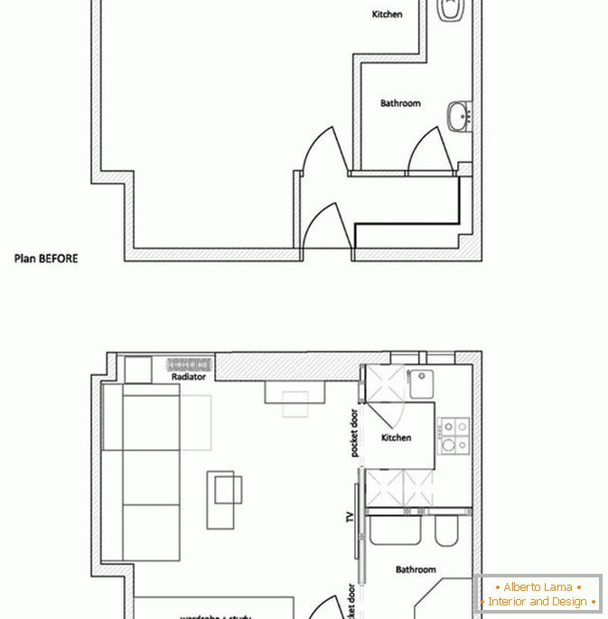Plano de um pequeno apartamento antes e depois do reparo