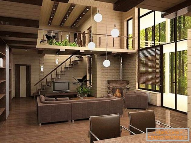 Design de interiores de uma casa de campo de madeira de um bar - foto dentro