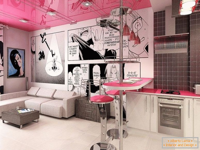Teto rosa no interior no estilo da pop art