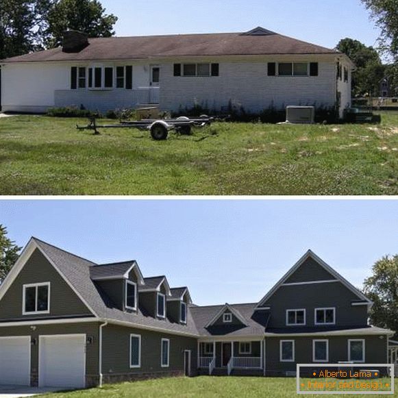 Superestrutura do segundo andar de uma casa particular - foto da fachada antes e depois