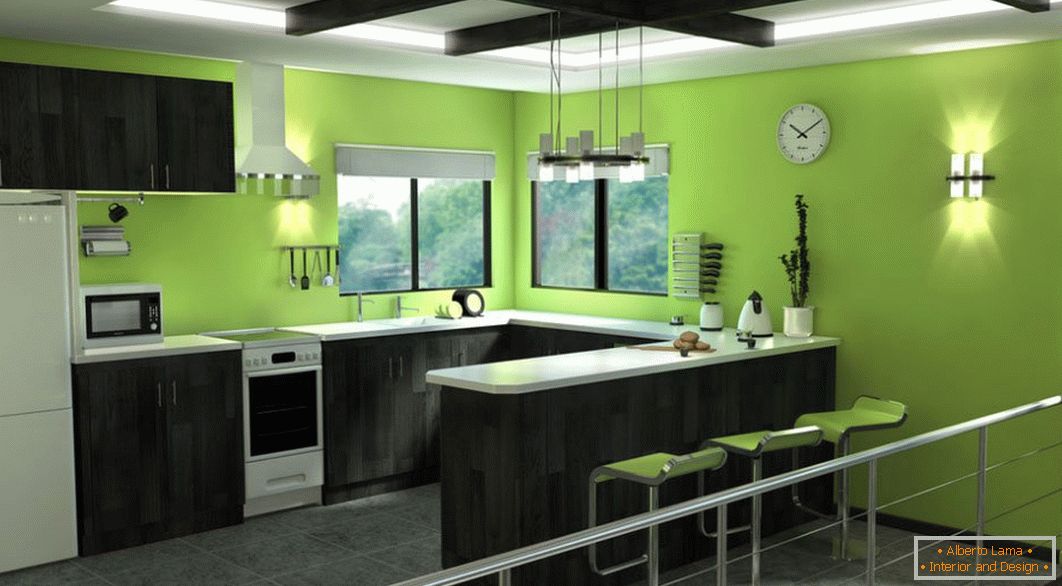 Cozinha verde com móveis pretos
