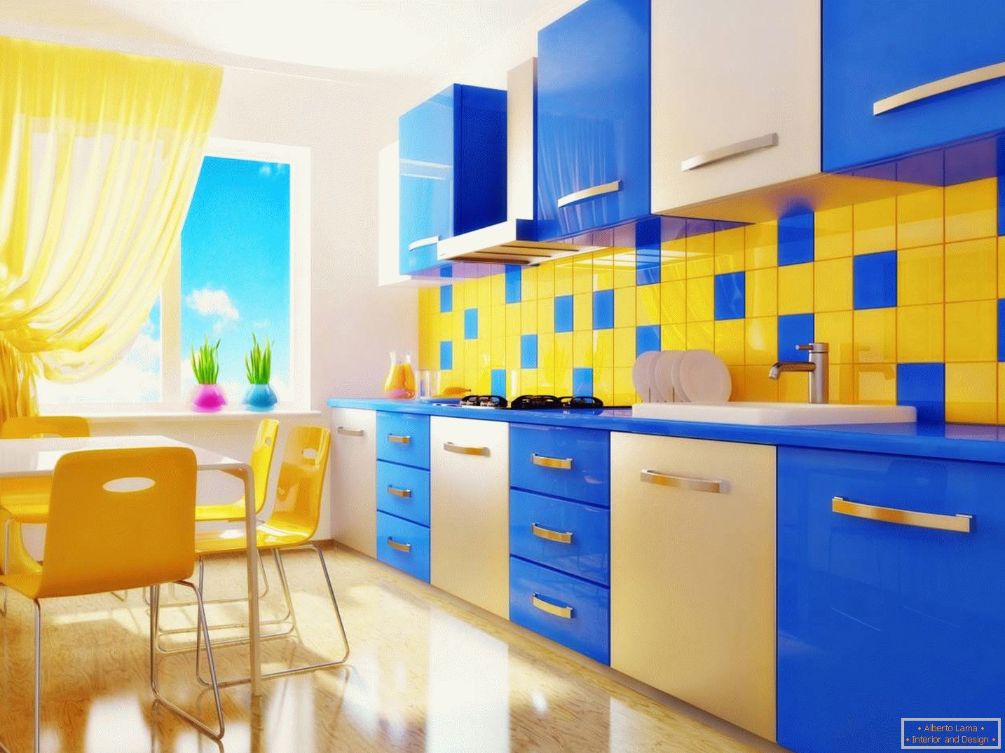 Cozinha azul e amarela