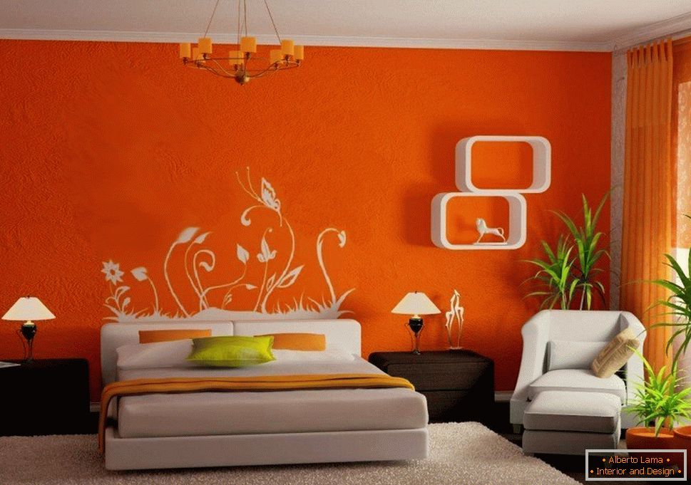 A combinação de paredes cor de laranja e móveis brancos