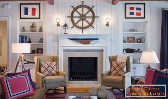 Design de uma sala de estar em um estilo marinho e cores