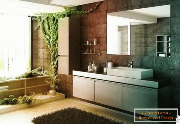 Banheiro grande com design ecológico