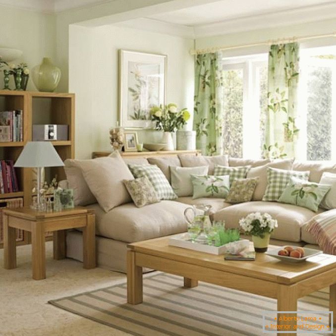 Design refrescante da sala de estar com tons verdes
