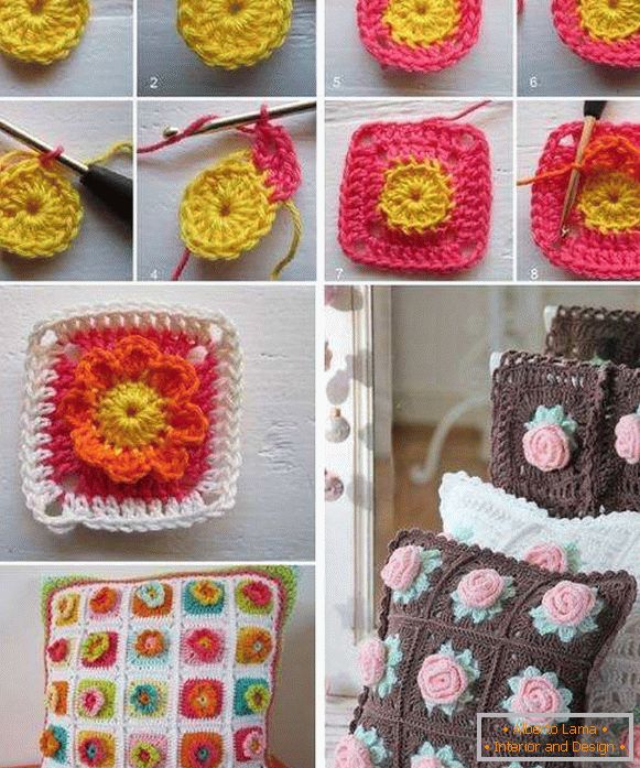 Instruções passo a passo sobre como fazer almofadas de malha em um sofá de crochê
