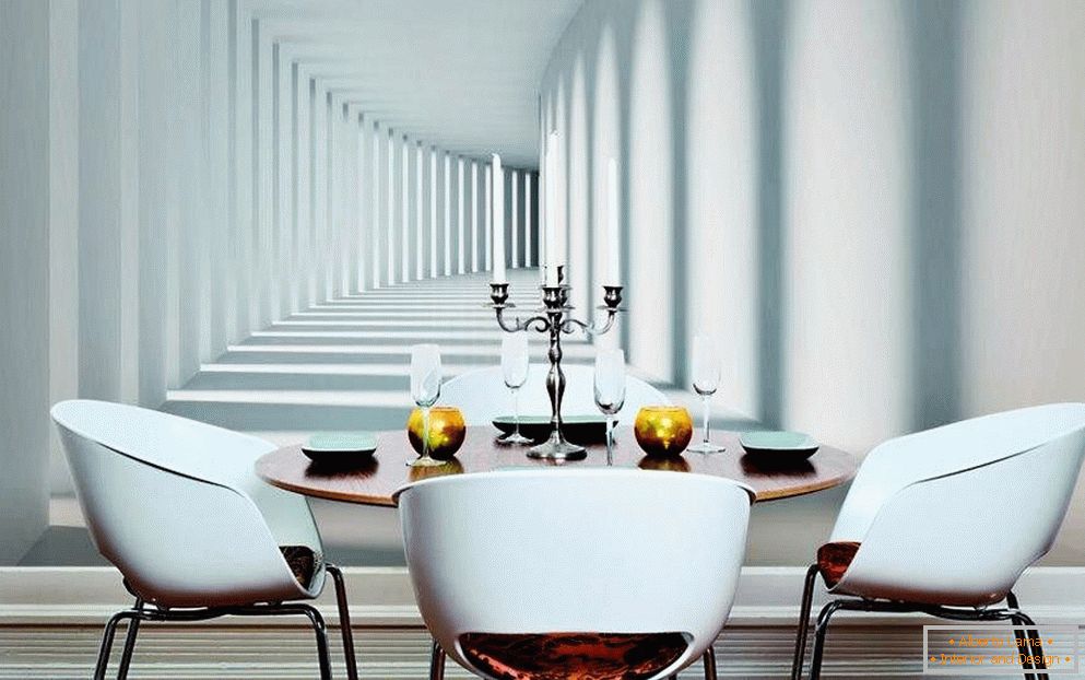 Interior de uma sala de jantar com papel de parede 3d