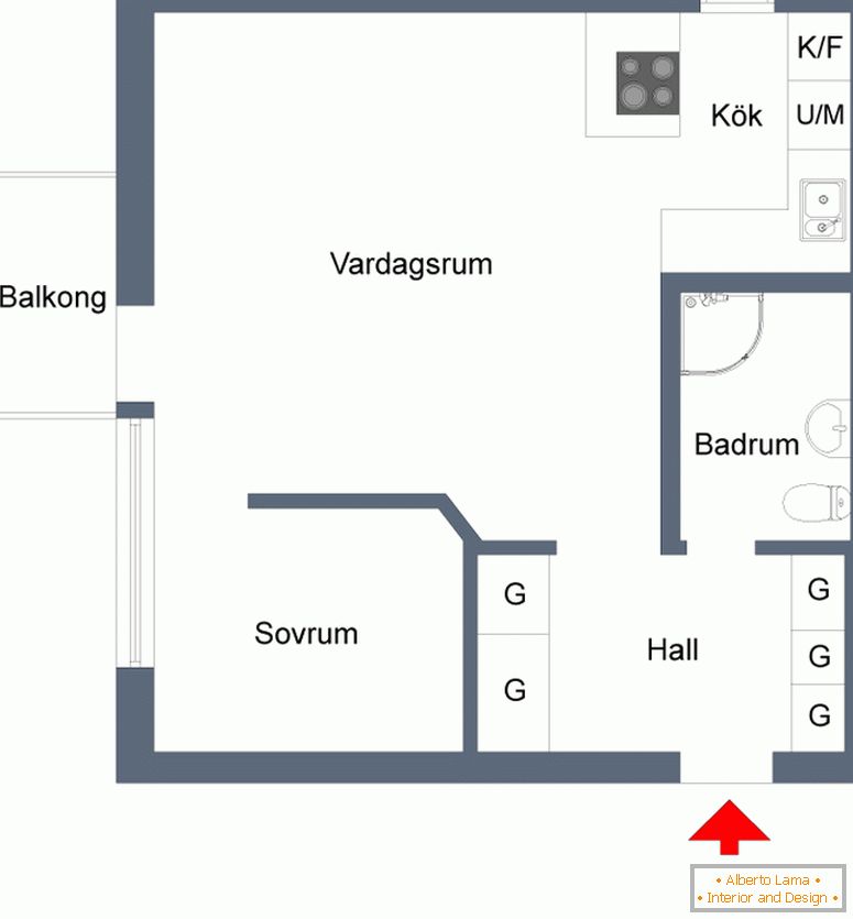 O plano de um pequeno apartamento elegante