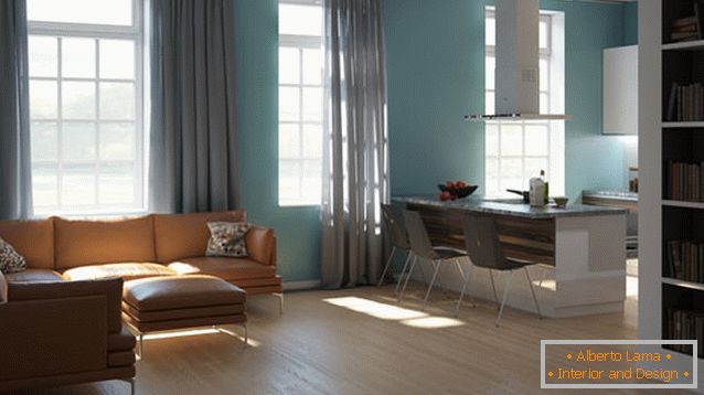 O design de um espaçoso apartamento de um quarto de 87 metros quadrados