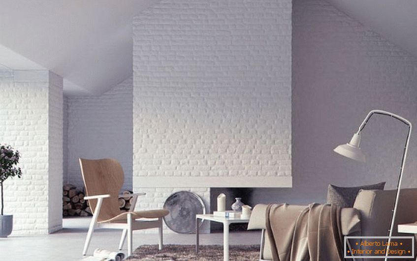 Telhas de tijolo branco nas paredes da sala de estar