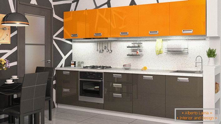 Conjuntos de cozinha modular de cor laranja - a solução ideal para a organização de um interior aconchegante e acolhedor.