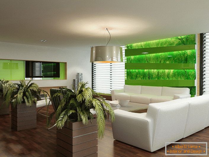 O estilo ecológico no interior da sala de estar ajuda os donos dos apartamentos e seus convidados a fugir da agitação da cidade.