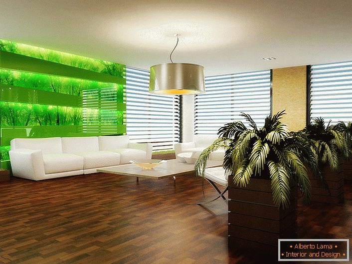 Grandes panelas com plantas vivas são a melhor decoração para um quarto de hóspedes em estilo ecológico.