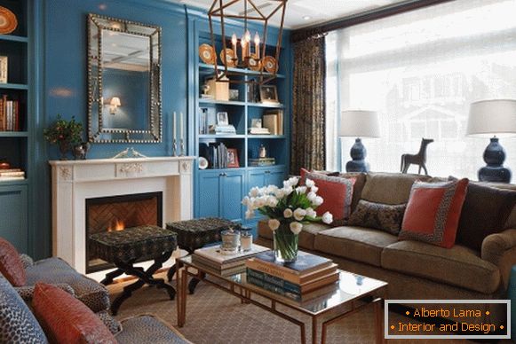 Mobiliário indigo e decoração no design da sala de estar