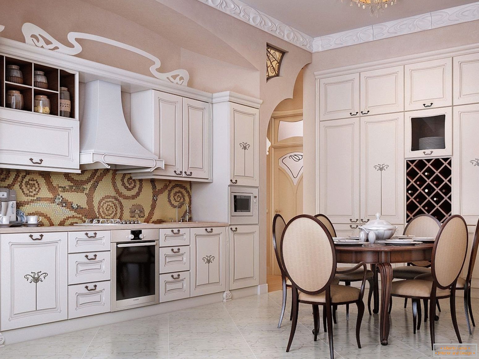 Decoração de uma grande cozinha em estilo Art Nouveau