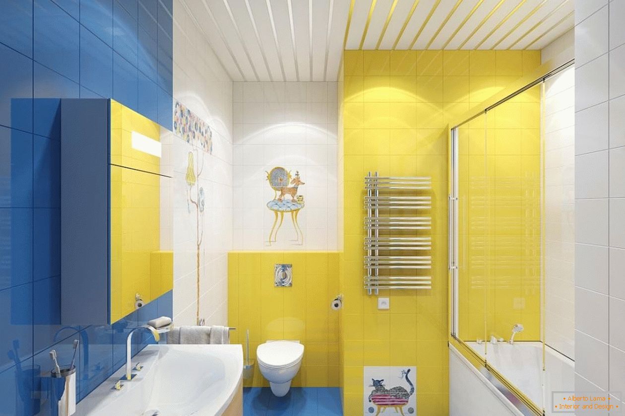 Azul, amarelo e branco no interior do banheiro