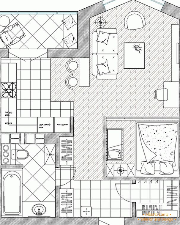 Designer interior de um apartamento de um quarto para um jovem casal