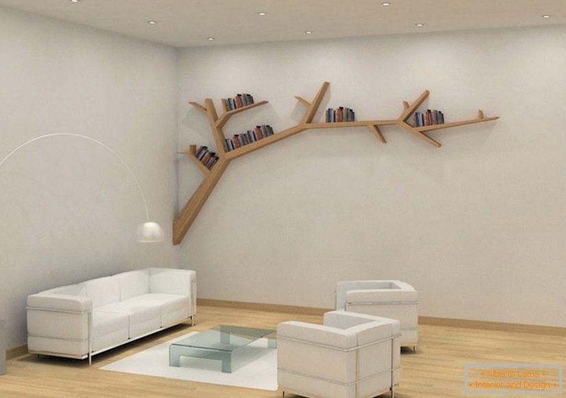 Prateleiras em forma de um ramo na sala de estar