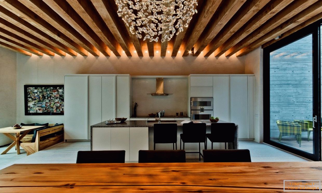 Iluminação LED em um teto de madeira