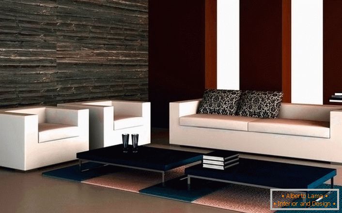 Projeto de design da sala de estar em estilo high-tech. Um sofá lacônico com duas poltronas parece harmoniosamente em um estilo minimalista. 