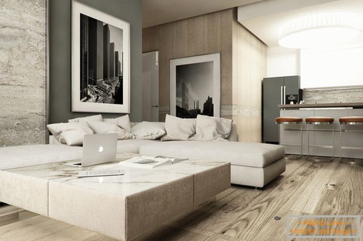 O design contido do sofá no estilo high-tech é digno de nota para muitos travesseiros idênticos da mesma cor que os estofados. 