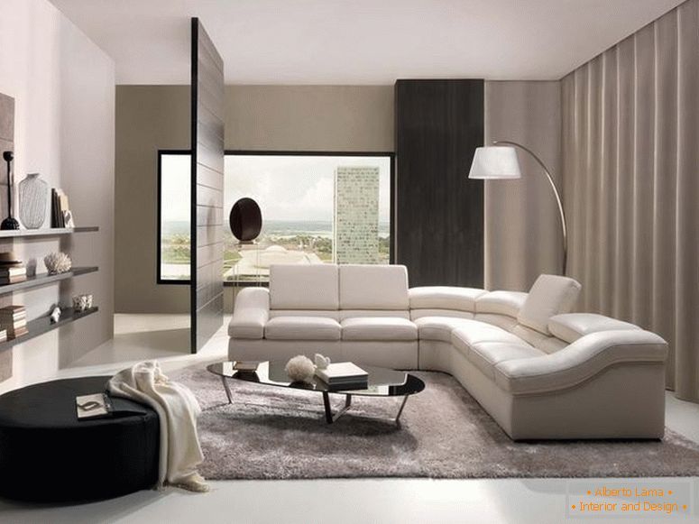 Sofá macio e confortável em estilo high-tech, se encaixa perfeitamente no interior do estúdio. 