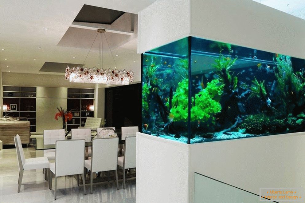 Sala de jantar interior com aquário