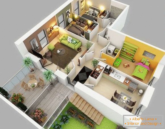 Projeto 3D de uma casa privada com um projeto detalhado de quartos