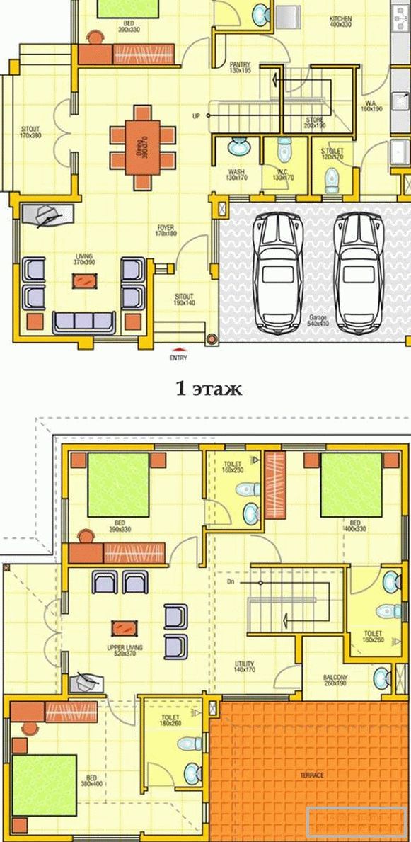O plano de uma casa privada de dois andares com uma garagem