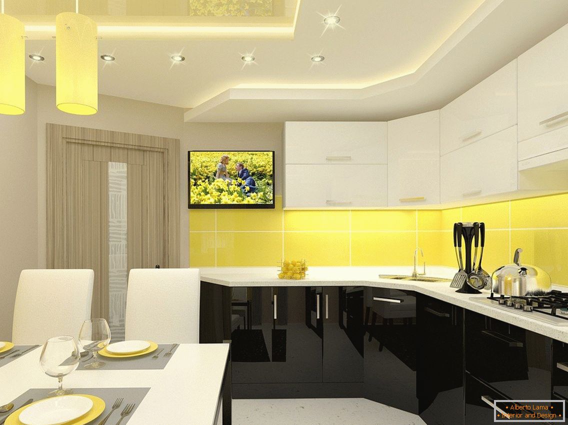 Cozinha amarela e móveis brancos
