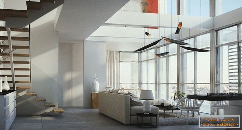 Grandes janelas - uma das características de design de um apartamento de dois níveis