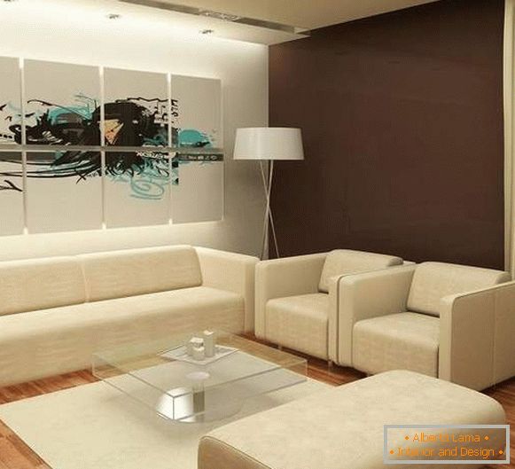 Design de uma moderna sala de estar em uma casa particular com móveis estofados brancos