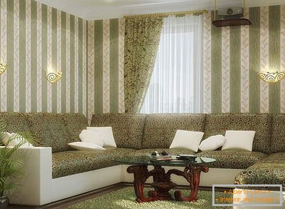 O design da sala de estar em uma casa particular nas cores branca e verde
