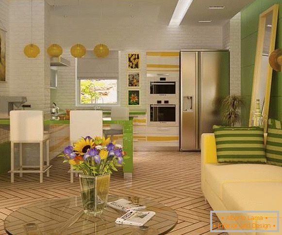 Projeto da cozinha da sala de estar em uma casa privada em um estilo moderno - idéias de 2017