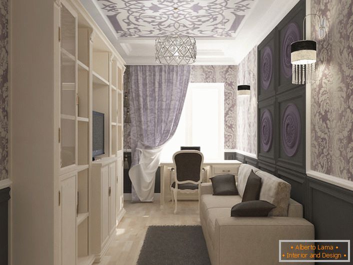 Um exemplo de desenhar uma sala de estar no estilo Art Deco em um pequeno apartamento.